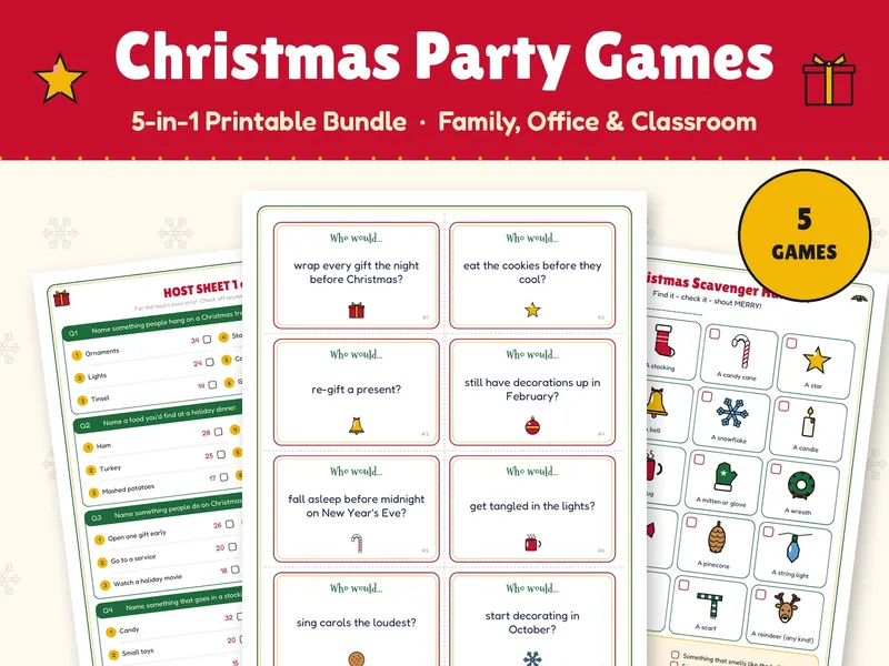 Three printable Christmas game pages: a host answer sheet, a page of "Who would..." cards, and a picture scavenger hunt.