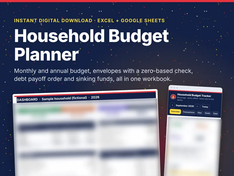 Household Budget Planner title above a dashboard spreadsheet and a phone tracker screen (sample figures blurred).